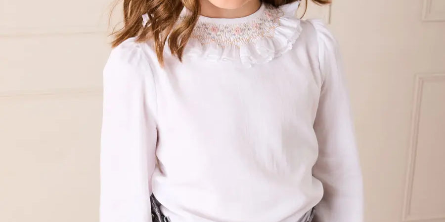 Floral Embroidered Ruffle Collar Lace Trim Blouse in White (2-10yrs) Blouses from Pepa London