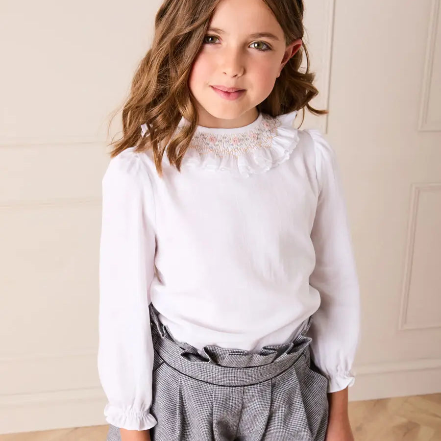 Floral Embroidered Ruffle Collar Lace Trim Blouse in White (2-10yrs) Blouses from Pepa London