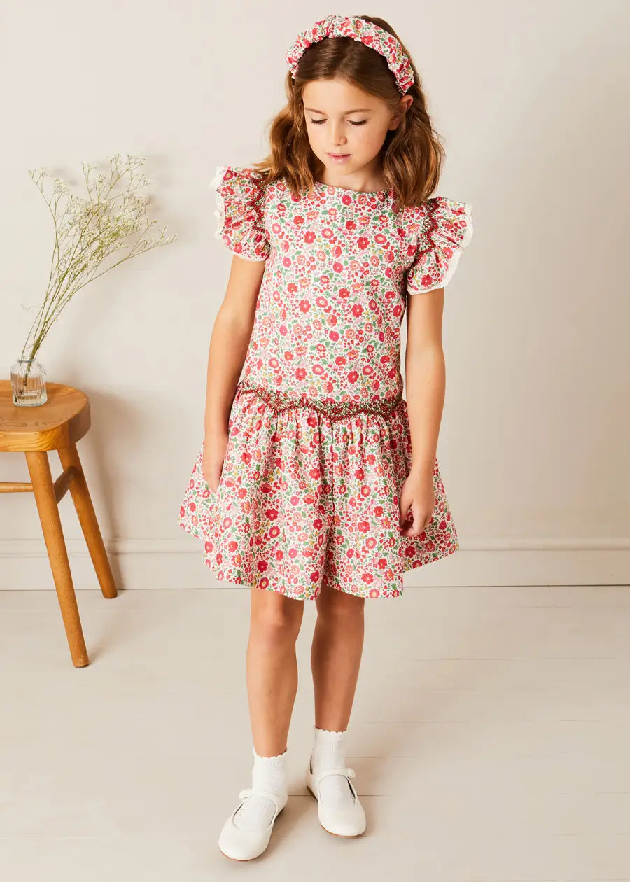 Margot Floral Sleeveless Hand-Smocked Dress in Red Made with Liberty Fabric (4-12yrs) DRESSES from Pepa London