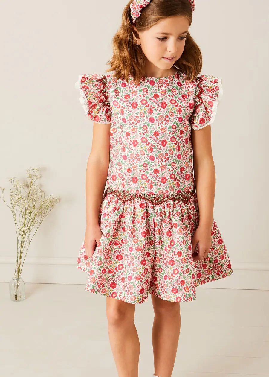 Margot Floral Sleeveless Hand-Smocked Dress in Red Made with Liberty Fabric (4-12yrs) DRESSES from Pepa London