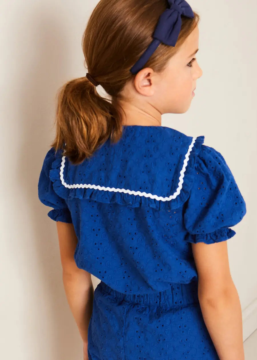 Broderie Anglaise Statement Collar Short Sleeve Blouse in Blue (4-12yrs) BLOUSES from Pepa London