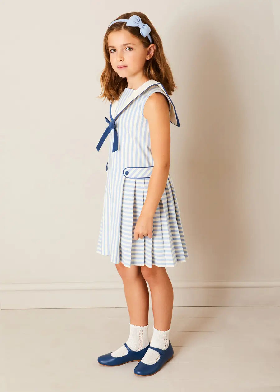 Regency Striped Mariner Collar Pleated Sleeveless Dress in Blue (2-10yrs) DRESSES from Pepa London