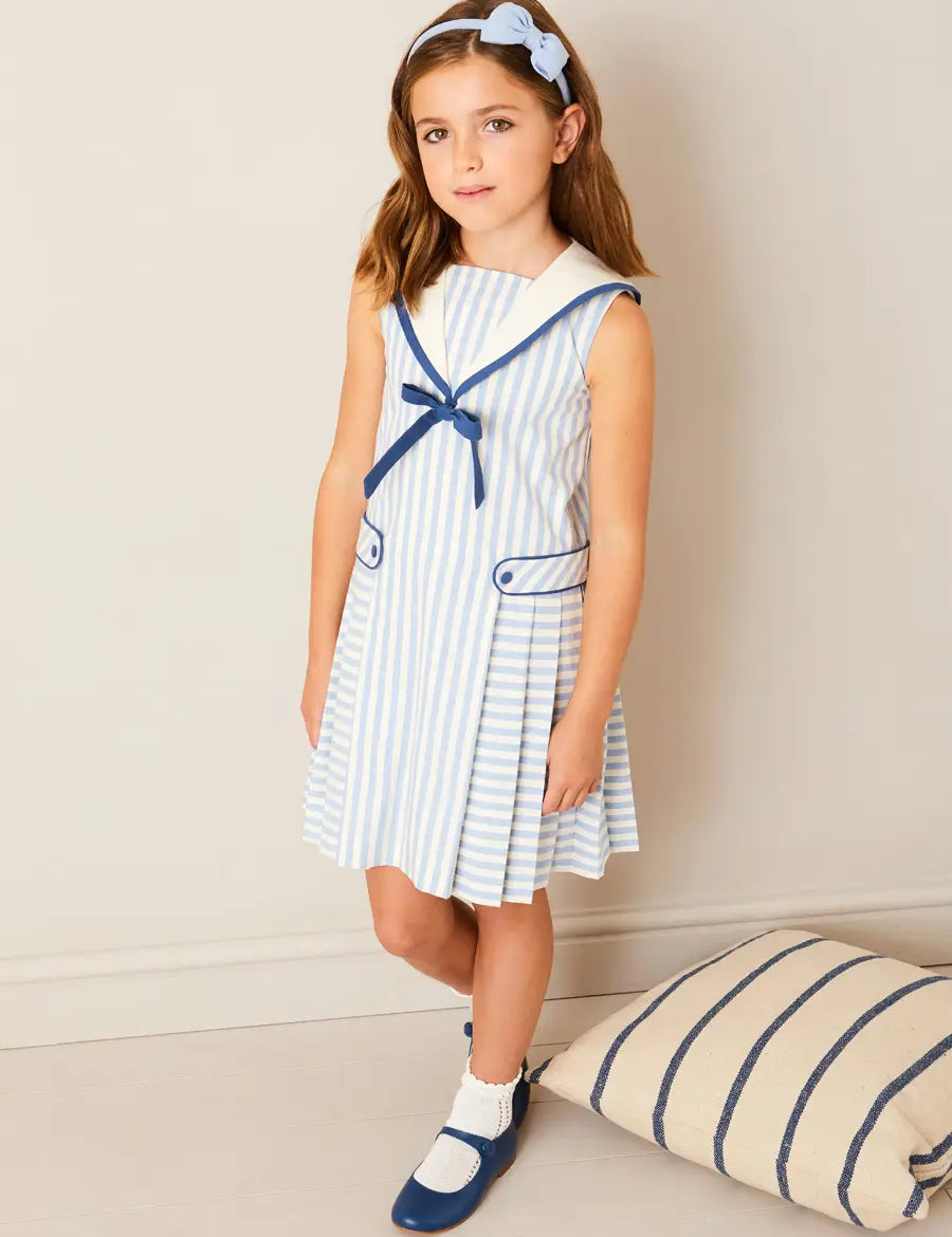 Regency Striped Mariner Collar Pleated Sleeveless Dress in Blue (2-10yrs) DRESSES from Pepa London