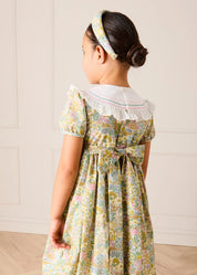 Charlotte Floral Hand Smocked Embroidered Collar Short Sleeve Dress in Green (4-8yrs) Dresses from Pepa London