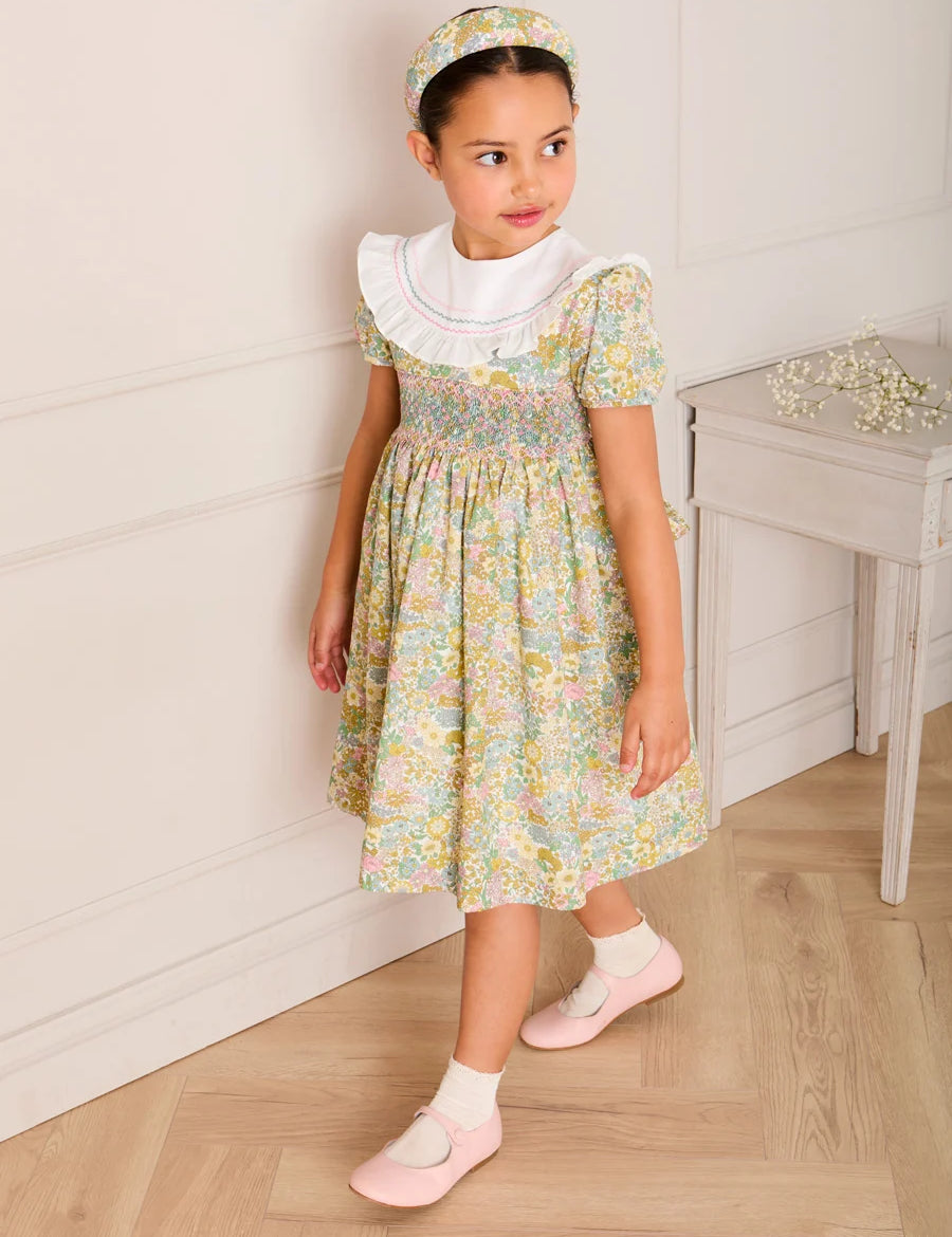 Charlotte Floral Hand Smocked Embroidered Collar Short Sleeve Dress in Green (4-8yrs) Dresses from Pepa London