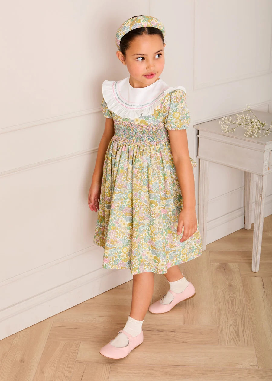 Charlotte Floral Hand Smocked Embroidered Collar Short Sleeve Dress in Green (4-8yrs) Dresses from Pepa London
