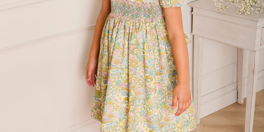 Charlotte Floral Hand Smocked Embroidered Collar Short Sleeve Dress in Green (4-8yrs) Dresses from Pepa London