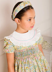 Charlotte Floral Hand Smocked Embroidered Collar Short Sleeve Dress in Green (4-8yrs) Dresses from Pepa London
