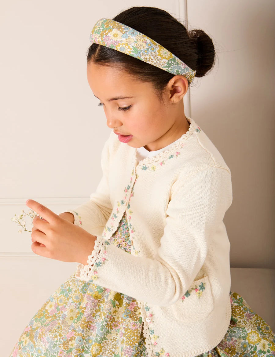 Wildflower Embroidered Openwork Detail Cotton Cardigan in Cream (18mths- 10yrs) Knitwear from Pepa London