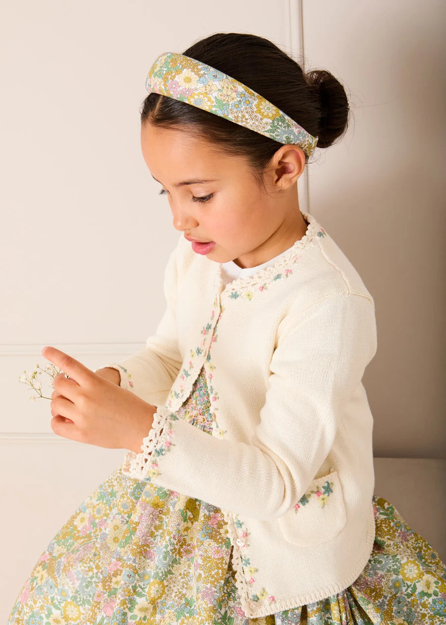 Wildflower Embroidered Openwork Detail Cotton Cardigan in Cream (18mths- 10yrs) Knitwear from Pepa London