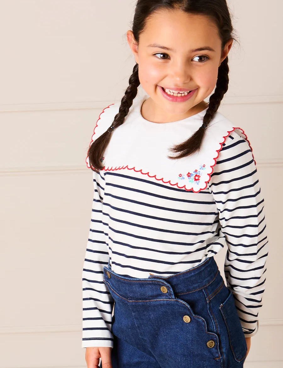 Sailor Stripe Floral Embroidered Mariner Collar Top in White (2-12yrs) TOPS & BODYSUITS from Pepa London