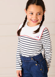 Sailor Stripe Floral Embroidered Mariner Collar Top in White (2-12yrs) TOPS & BODYSUITS from Pepa London