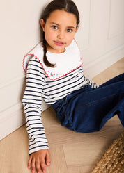 Sailor Stripe Floral Embroidered Mariner Collar Top in White (2-12yrs) TOPS & BODYSUITS from Pepa London