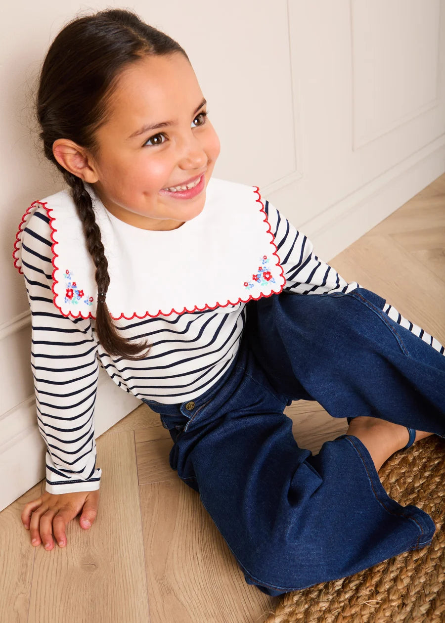 Sailor Stripe Floral Embroidered Mariner Collar Top in White (2-12yrs) TOPS & BODYSUITS from Pepa London