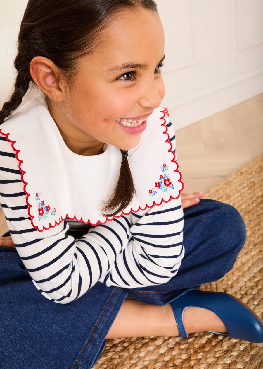 Sailor Stripe Floral Embroidered Mariner Collar Top in White (2-12yrs) TOPS & BODYSUITS from Pepa London