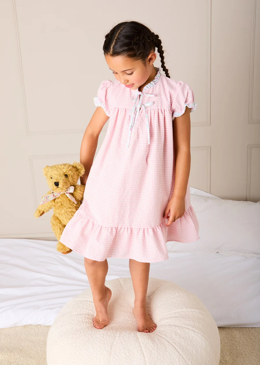 Beauchamp Gingham Ruffle Hem Floral Trim Night Dress in Pink (18mths- 10yrs) Nightwear from Pepa London