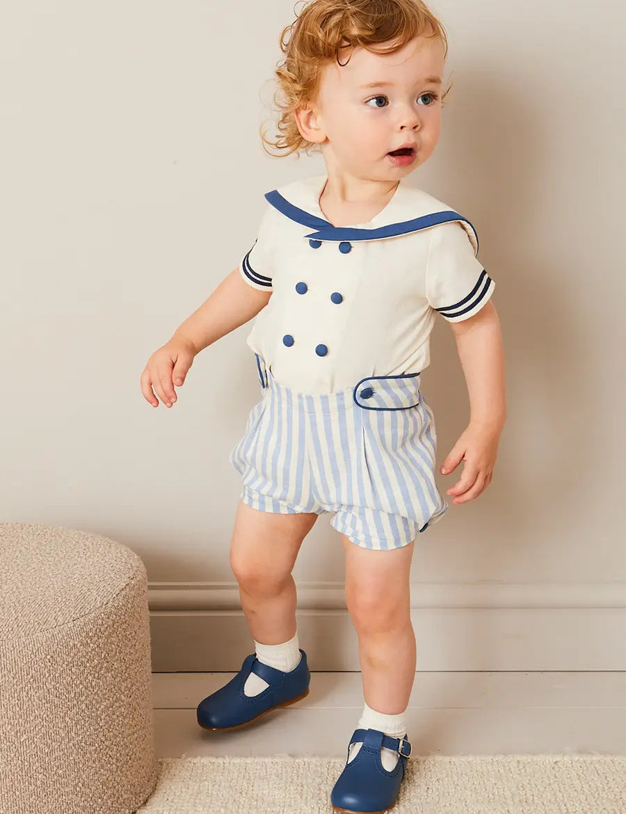 Regency Stripe Mariner Collar Two Piece Set With Bloomers in Blue (6mths-3yrs) TWO PIECE SETS from Pepa London