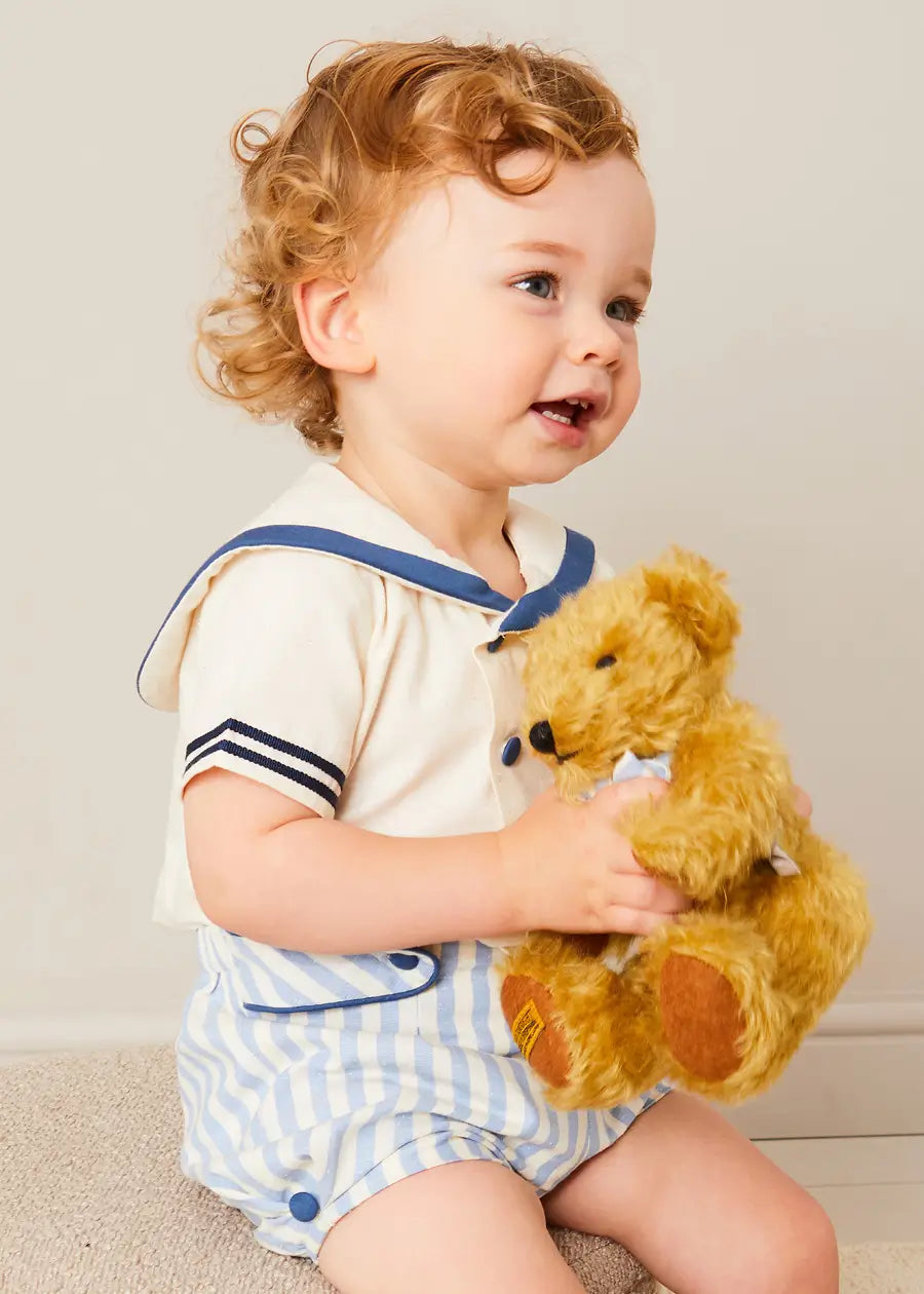 Limited Edition Merrythought & Pepa Teddy Bear With Regency Striped Bow in Blue (S-L)