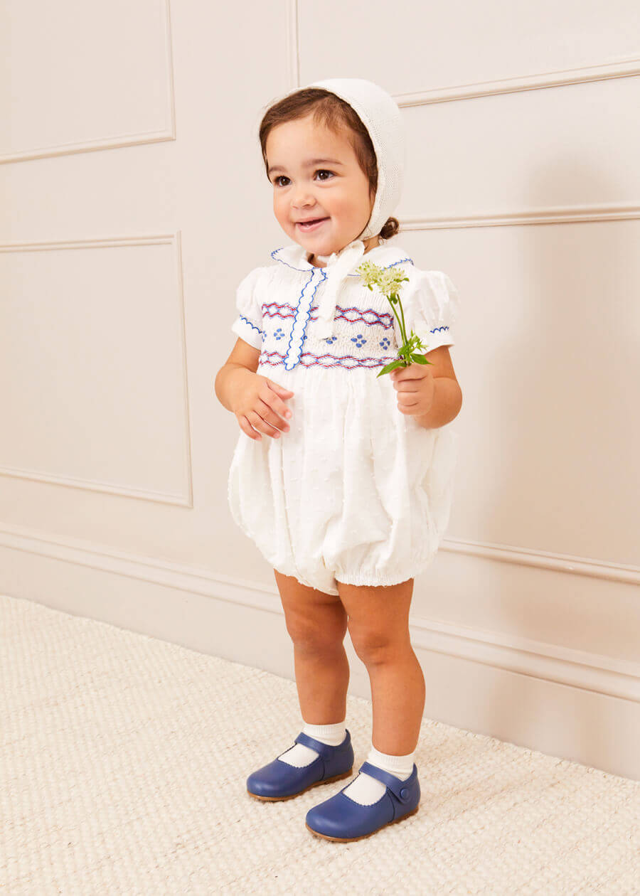 Scallop Collar Hand Smocked Short Sleeve Romper in White (6mths-2yrs) Rompers  from Pepa London