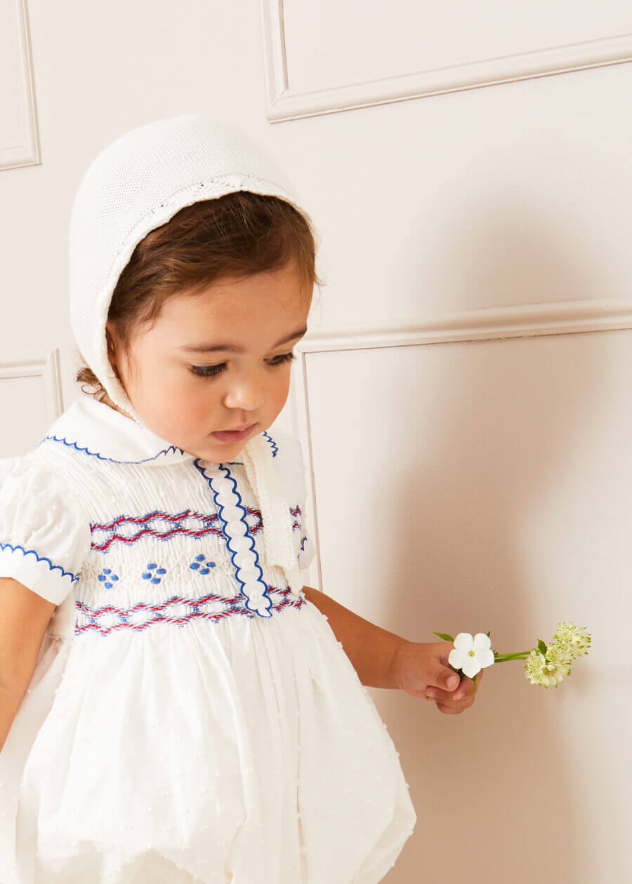 Scallop Collar Hand Smocked Short Sleeve Romper in White (6mths-2yrs) Rompers  from Pepa London