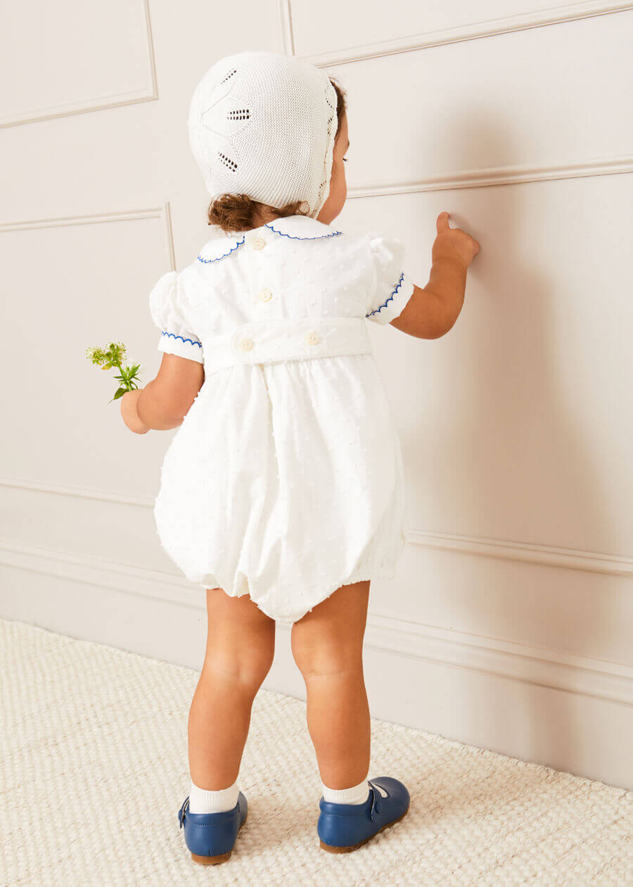 Scallop Collar Hand Smocked Short Sleeve Romper in White (6mths-2yrs) Rompers  from Pepa London