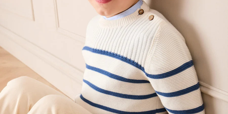 Striped Crewneck Ribbed Detail Blue & White Striped Jumper in Navy (12mths- 10yrs) Knitwear from Pepa London