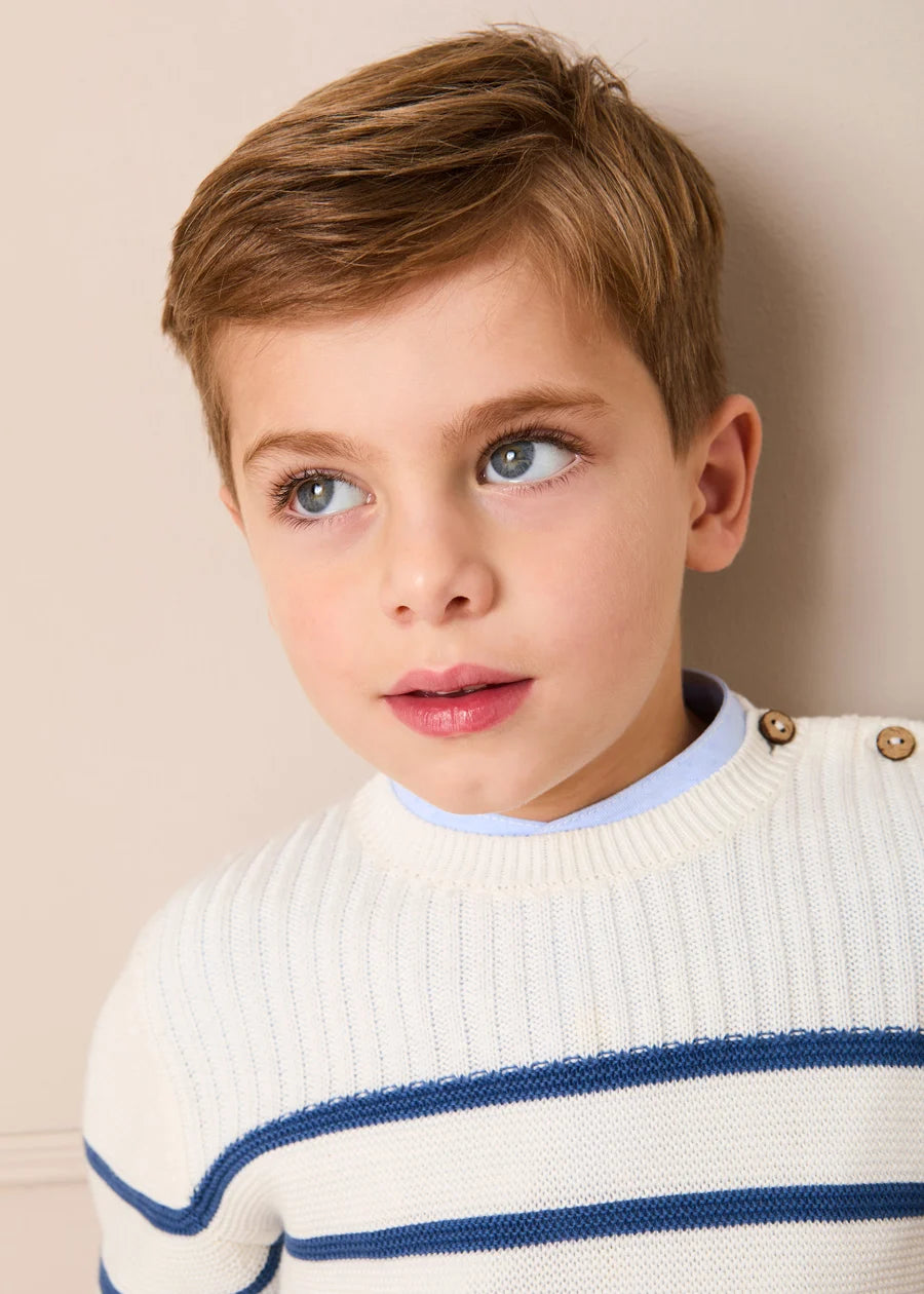 Striped Crewneck Ribbed Detail Blue & White Striped Jumper in Navy (12mths- 10yrs) Knitwear from Pepa London