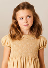 Hand Smocked Peter Pan Collar Short Sleeve Dress in Beige (12mths-10yrs) DRESSES from Pepa London