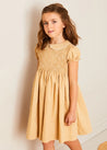 Hand Smocked Peter Pan Collar Short Sleeve Dress in Beige (12mths-10yrs) DRESSES from Pepa London