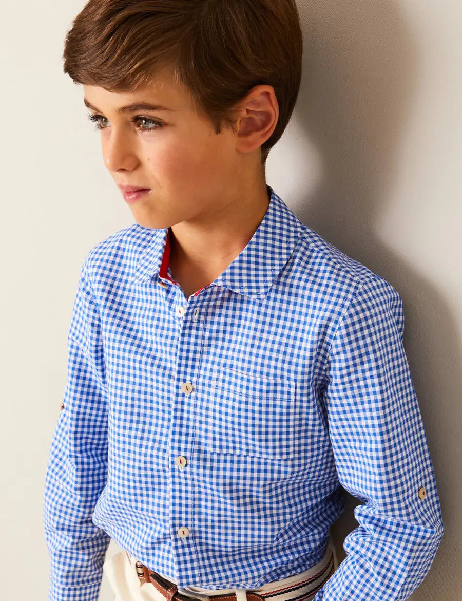 Carlisle Gingham Polo Collar Long Sleeve Shirt in Blue (4-10yrs) SHIRTS from Pepa London