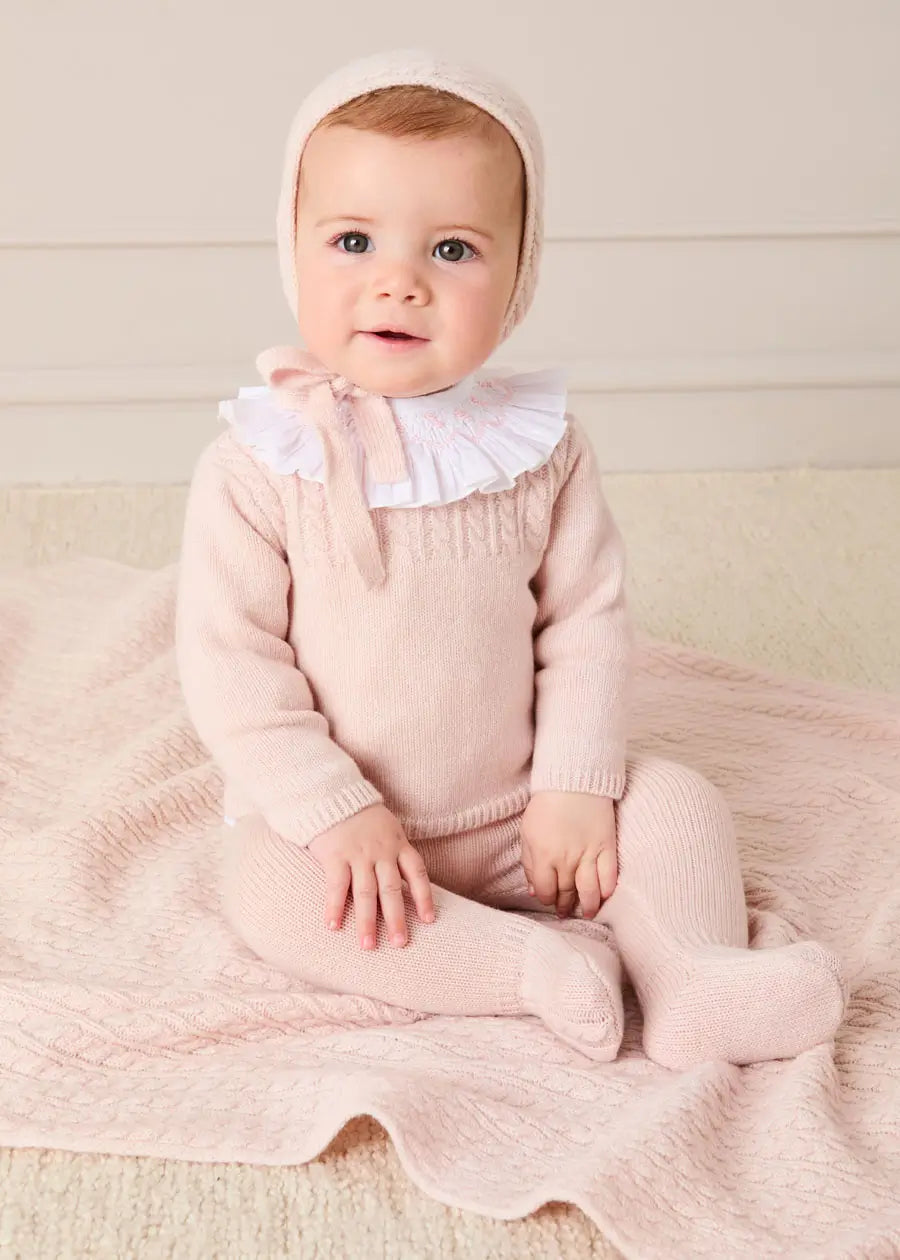 Cashmere Long Sleeve Cable Knitted Set in Pink (1mth-12mths) Knitted Sets from Pepa London
