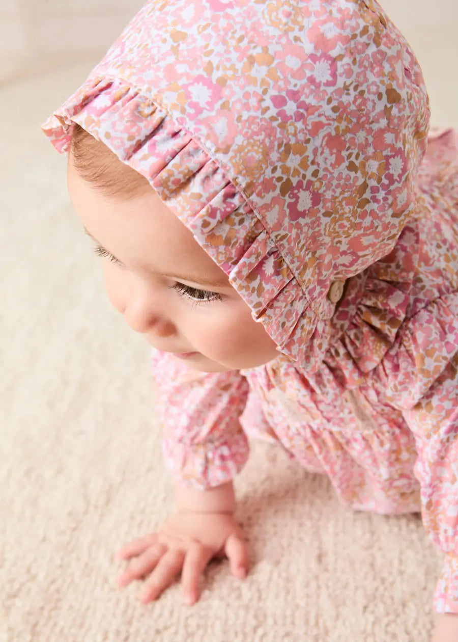 Nellie Floral Ruffle Detail Bonnet in Pink (S-M) Bonnets from Pepa London
