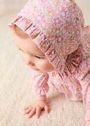 Nellie Floral Ruffle Detail Bonnet in Pink (S-M) Bonnets from Pepa London