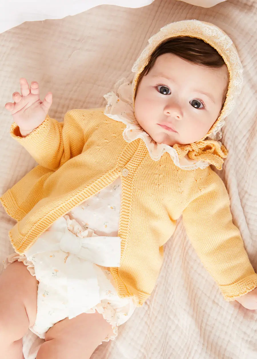 Openwork Detail Cotton Baby Cardigan in Tangerine (1-12mths) KNITWEAR from Pepa London