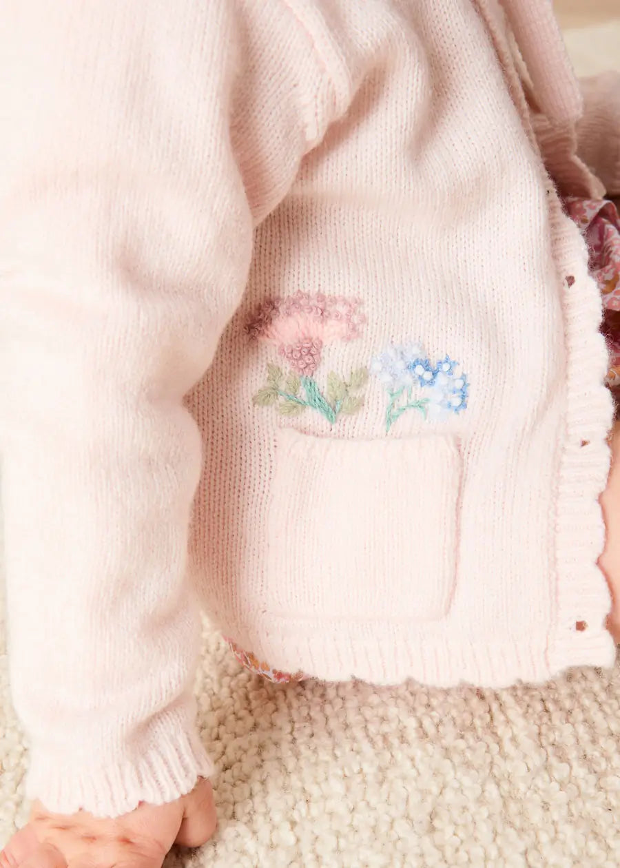 Wildflower Embroidered Pocket Detail Cardigan in Pink (1mth-3yrs) Knitwear from Pepa London