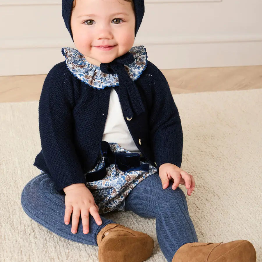 Beatrice Floral Velvet Bow Detail Bloomers in Navy (3mths-3yrs) Bloomers from Pepa London