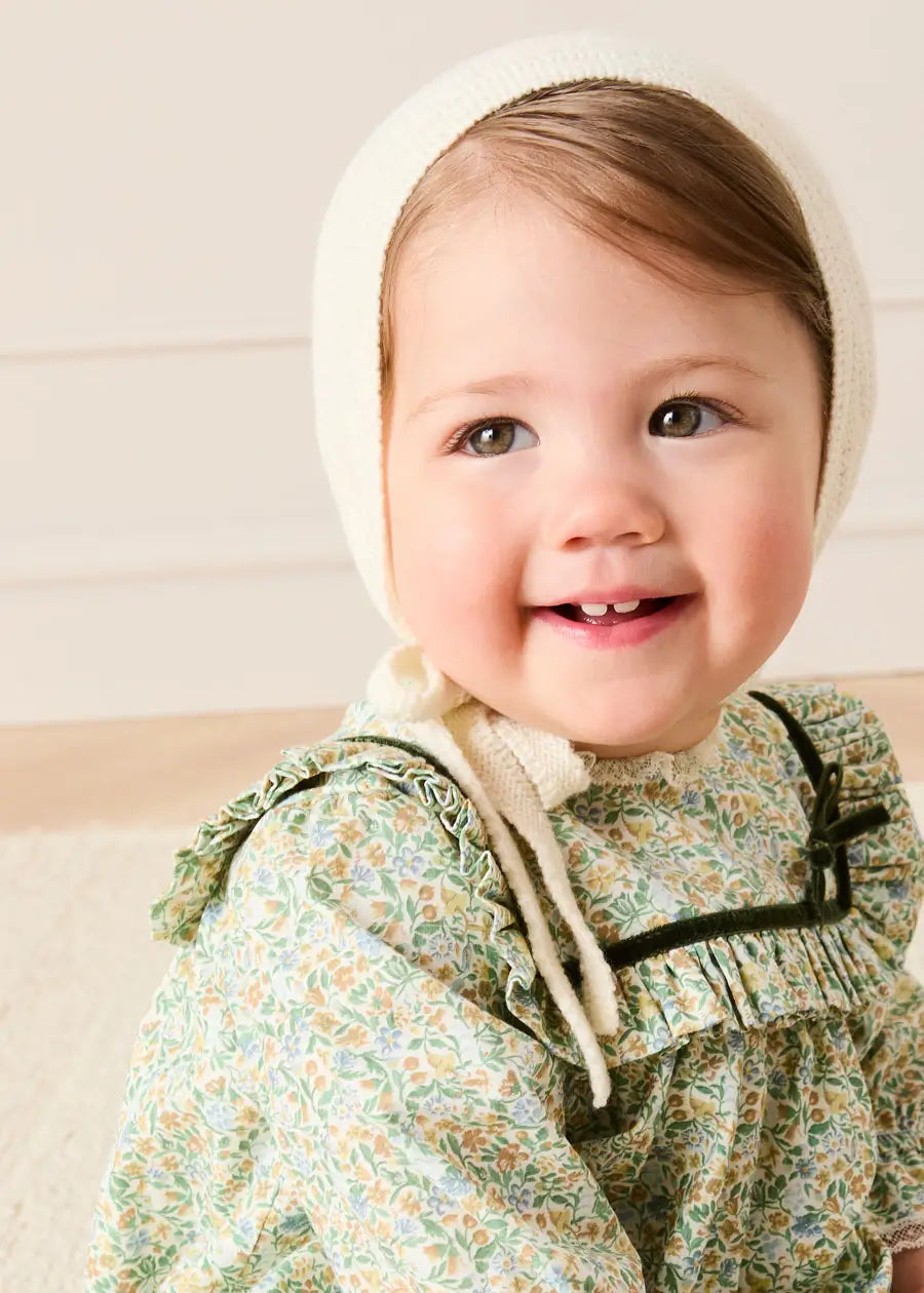 Adelaide Floral Velvet Bow Lace Trim Long Sleeve Romper in Green (6mths-3yrs) Rompers from Pepa London