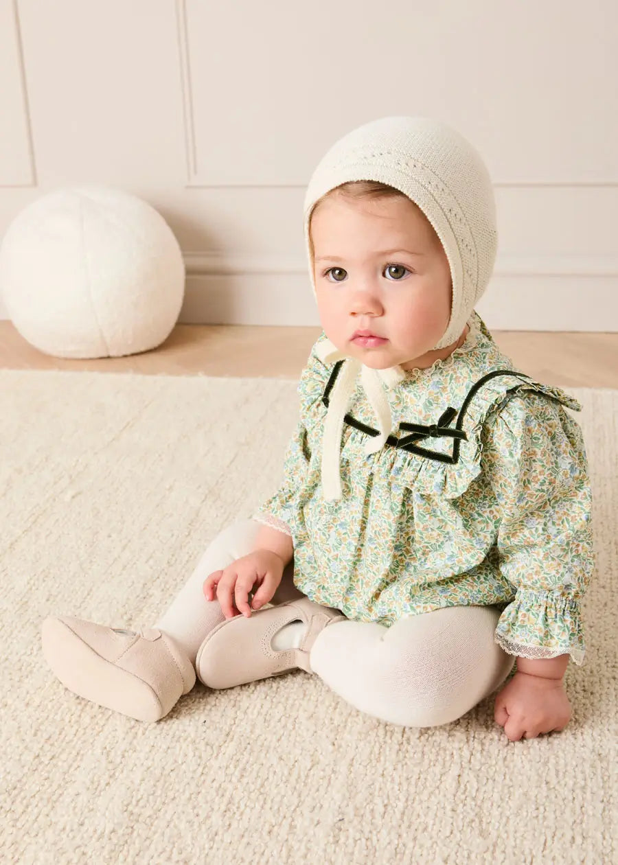 Adelaide Floral Velvet Bow Lace Trim Long Sleeve Romper in Green (6mths-3yrs) Rompers from Pepa London