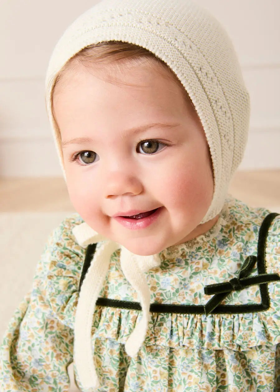 Adelaide Floral Velvet Bow Lace Trim Long Sleeve Romper in Green (6mths-3yrs) Rompers from Pepa London