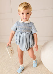 Hand Smocked Peter Pan Collar Short Sleeve Romper in Sky Blue (3mths-2yrs) Rompers from Pepa London