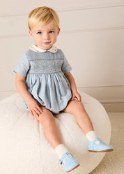 Hand Smocked Peter Pan Collar Short Sleeve Romper in Sky Blue (3mths-2yrs) Rompers from Pepa London