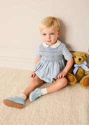 Hand Smocked Peter Pan Collar Short Sleeve Romper in Sky Blue (3mths-2yrs) Rompers from Pepa London