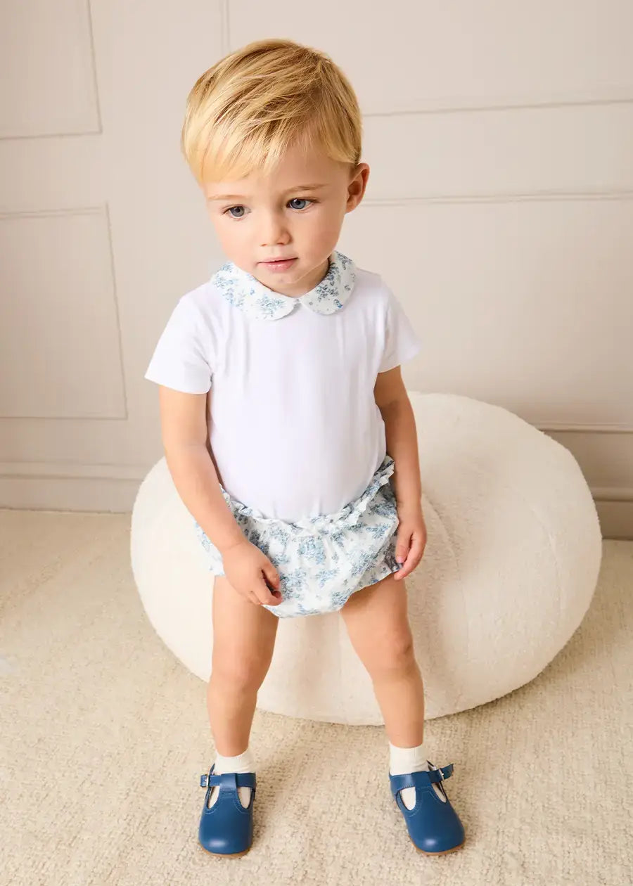 Audrey Toile Peter Pan Collar Bodysuit in Blue (1mth-2yrs) Tops & Bodysuits from Pepa London