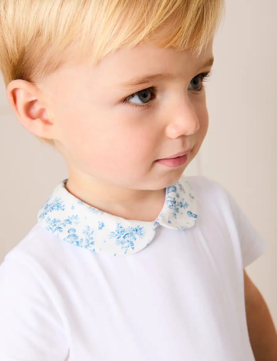 Audrey Toile Peter Pan Collar Bodysuit in Blue (1mth-2yrs) Tops & Bodysuits from Pepa London