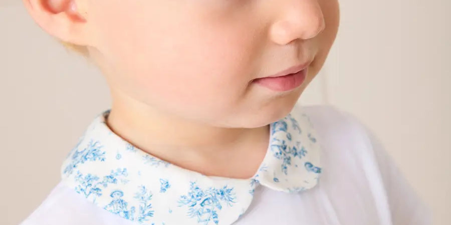 Audrey Toile Peter Pan Collar Bodysuit in Blue (1mth-2yrs) TOPS & BODYSUITS from Pepa London