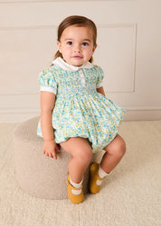 Louisa Floral Hand Smocked Short Sleeve Romper in Blue (3mths-2yrs) Rompers from Pepa London