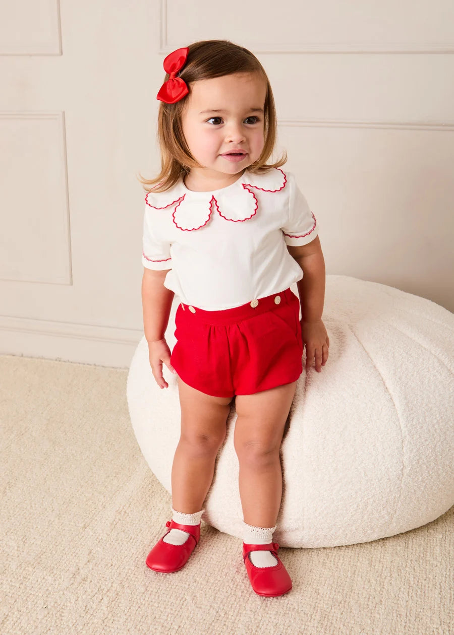 Dahlia Petal Collar Short Sleeve Two Piece Set in Red (6mths-3yrs)