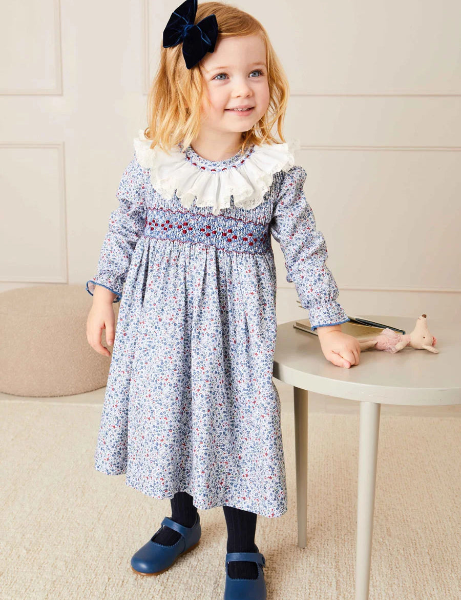 Penelope Floral Hand Smocked Long Sleeve Dress in Navy (12mths-10yrs) Dresses  from Pepa London