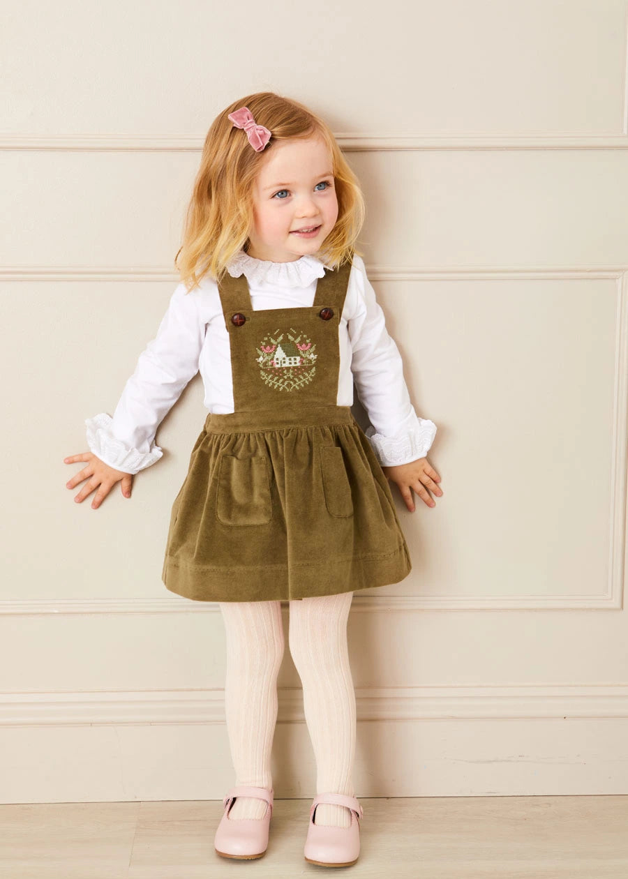 Velvet Embroidered Skirt with Braces in Green (12mths-3yrs) Skirts  from Pepa London