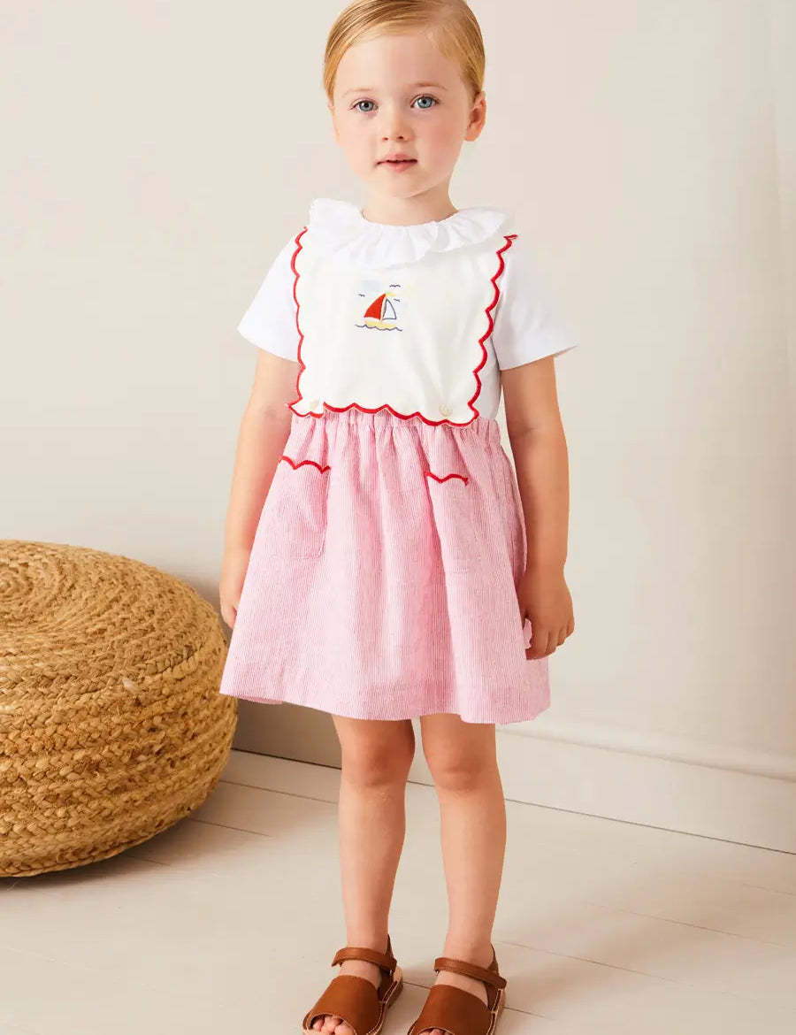 Lawrence Striped Boat Embroidered Scallop Detail Pinafore Skirt in Red (18mths-4yrs) SKIRTS from Pepa London